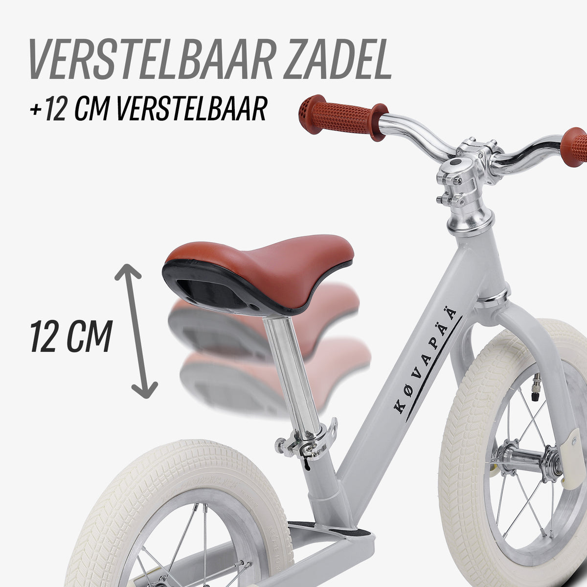 verstelbaar zadel van grijze Køvapää loopfiets, 10 cm hoogtebereik