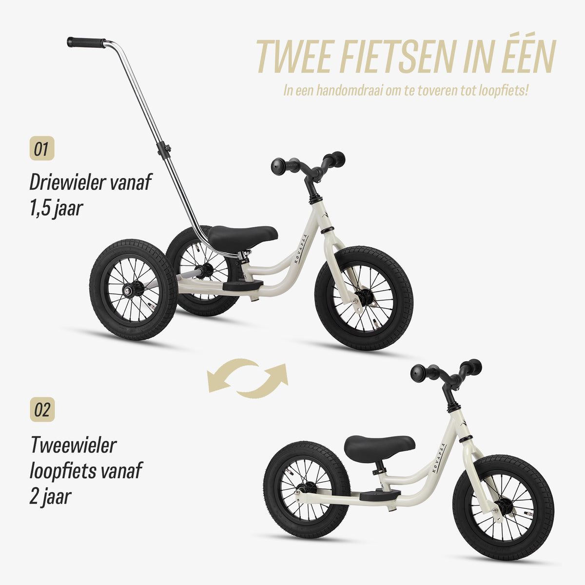 stapsgewijze uitleg over ombouw van krijtgrijze Køvapää 2-in-1 loopfiets