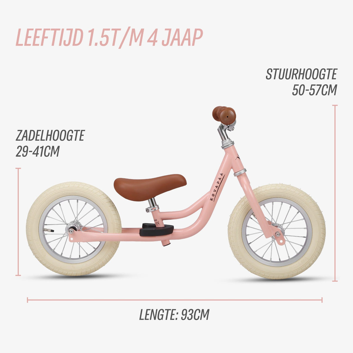 afmetingen van roze Køvapää 2-in-1 loopfiets in beeld gebracht