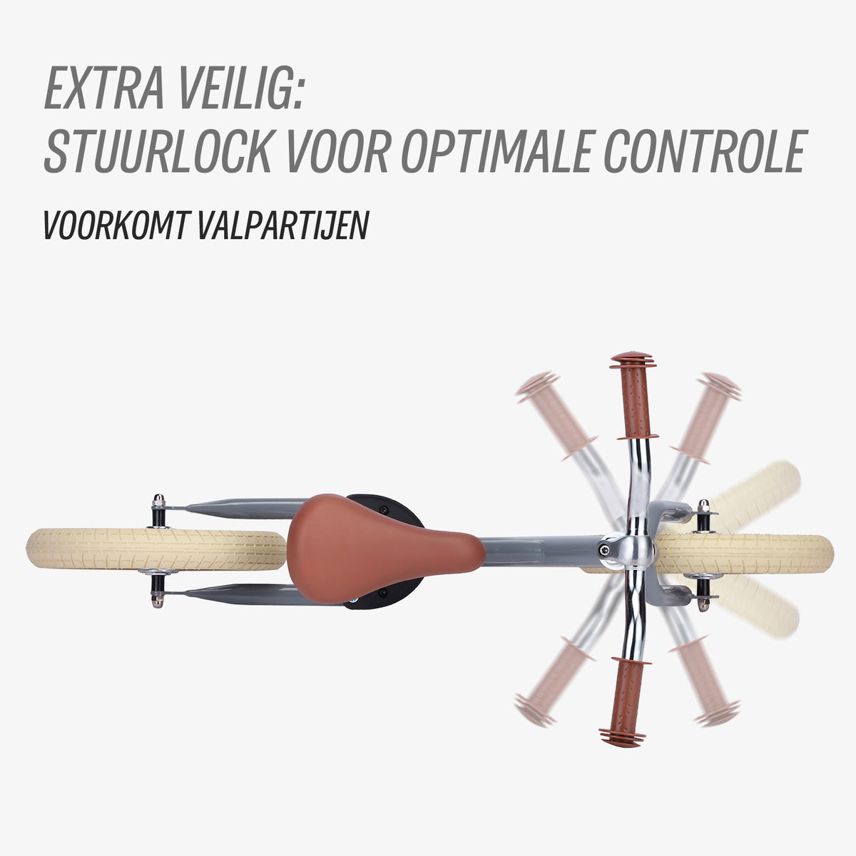 stuurlock op Køvapää grijze 2-in-1 loopfiets voorkomt te ver doordraaien van het stuur