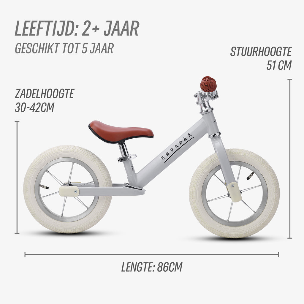 grafische weergave van de afmetingen van de grijze Køvapää loopfiets
