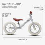 grafische weergave van de afmetingen van de grijze Køvapää loopfiets