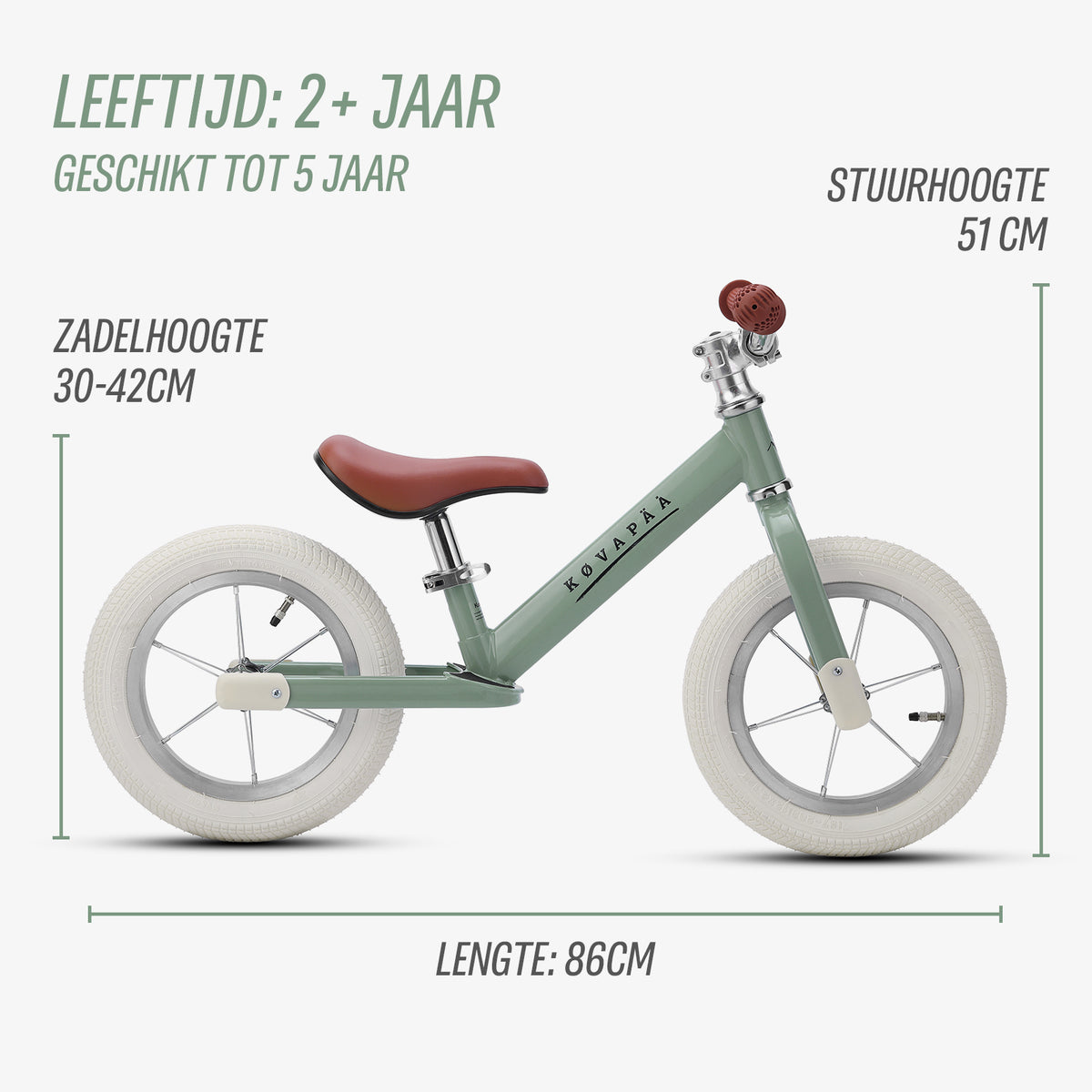 afmetingen van groene Køvapää loopfiets in beeld gebracht