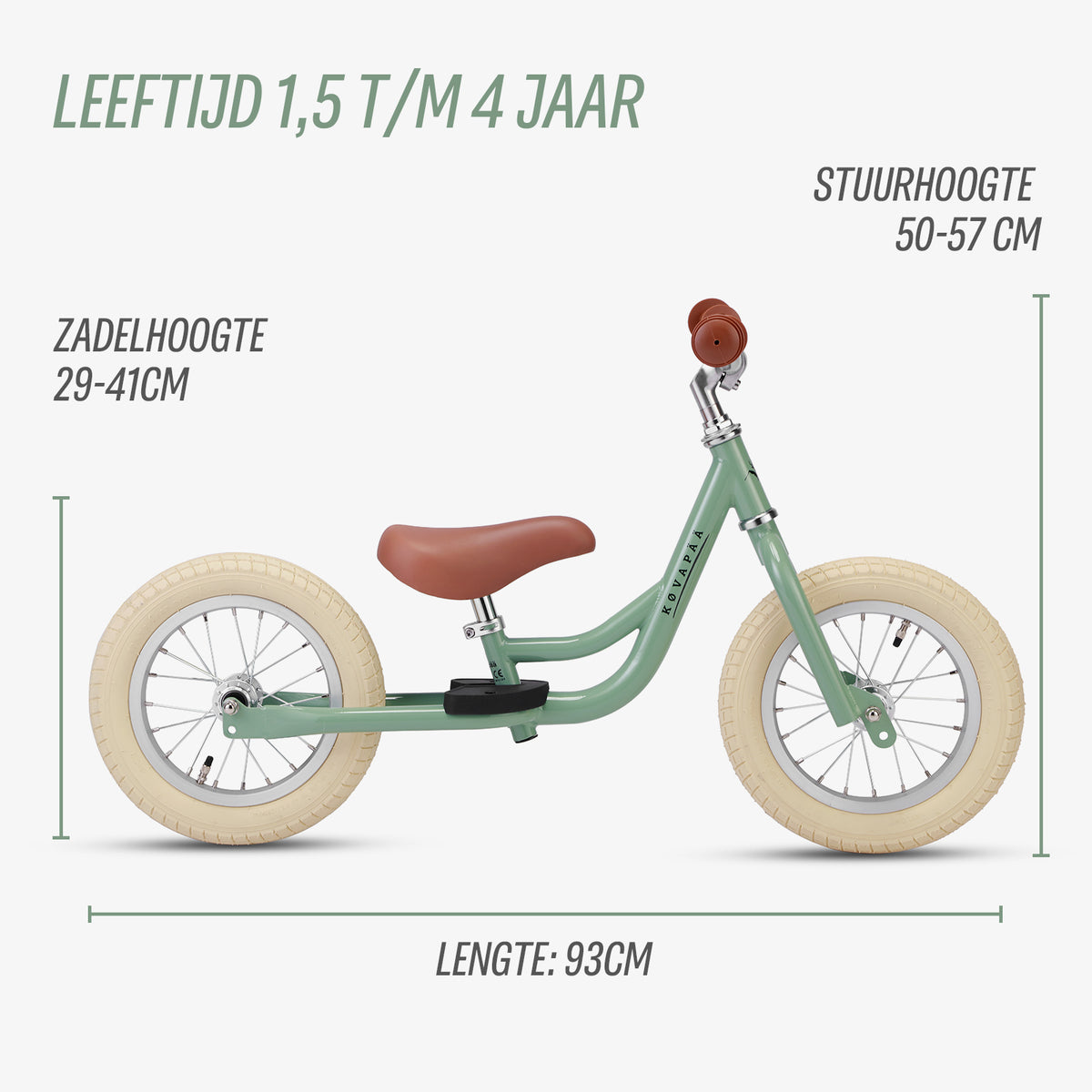 afmetingen van groene Køvapää 2-in-1 loopfiets in beeld gebracht