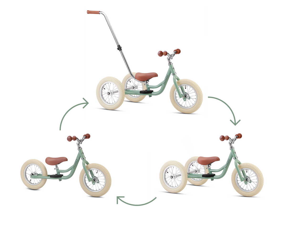 Kovapää 2 in 1 Loopfiets Groen - veelzijdige driewieler loopfiets met duwstang en ombouwfunctie.