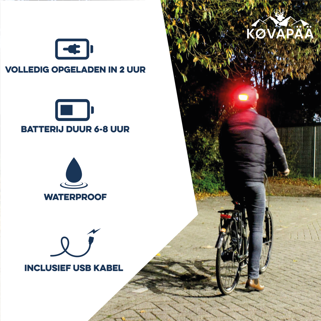 achterlicht op Køvapää Espoo fietshelm in gebruik, met info over batterijduur, waterdichtheid en USB-opladen