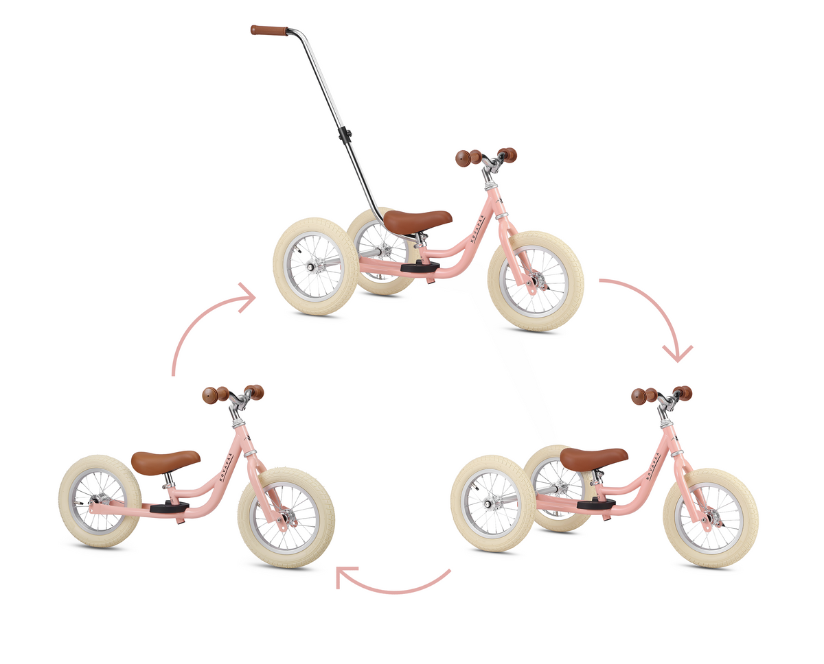 Kovapää 2 in 1 Loopfiets Roze met transformeerbare functies, inclusief driewieler en loopfiets.